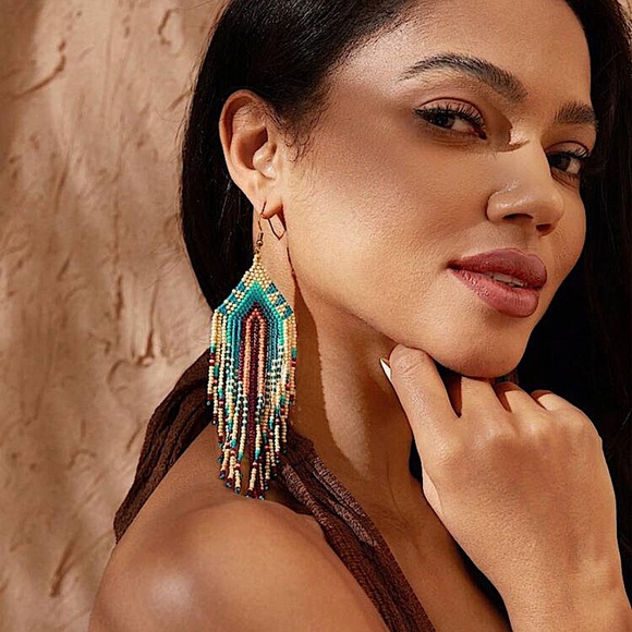 Bohemian Beaded Dangle Tassel Earrings, Tribal Design, Western, Boho, Fr… - Picture 4 of 5